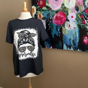 #MomLife Black Leopard Print Graphic Tee Women's Size Large